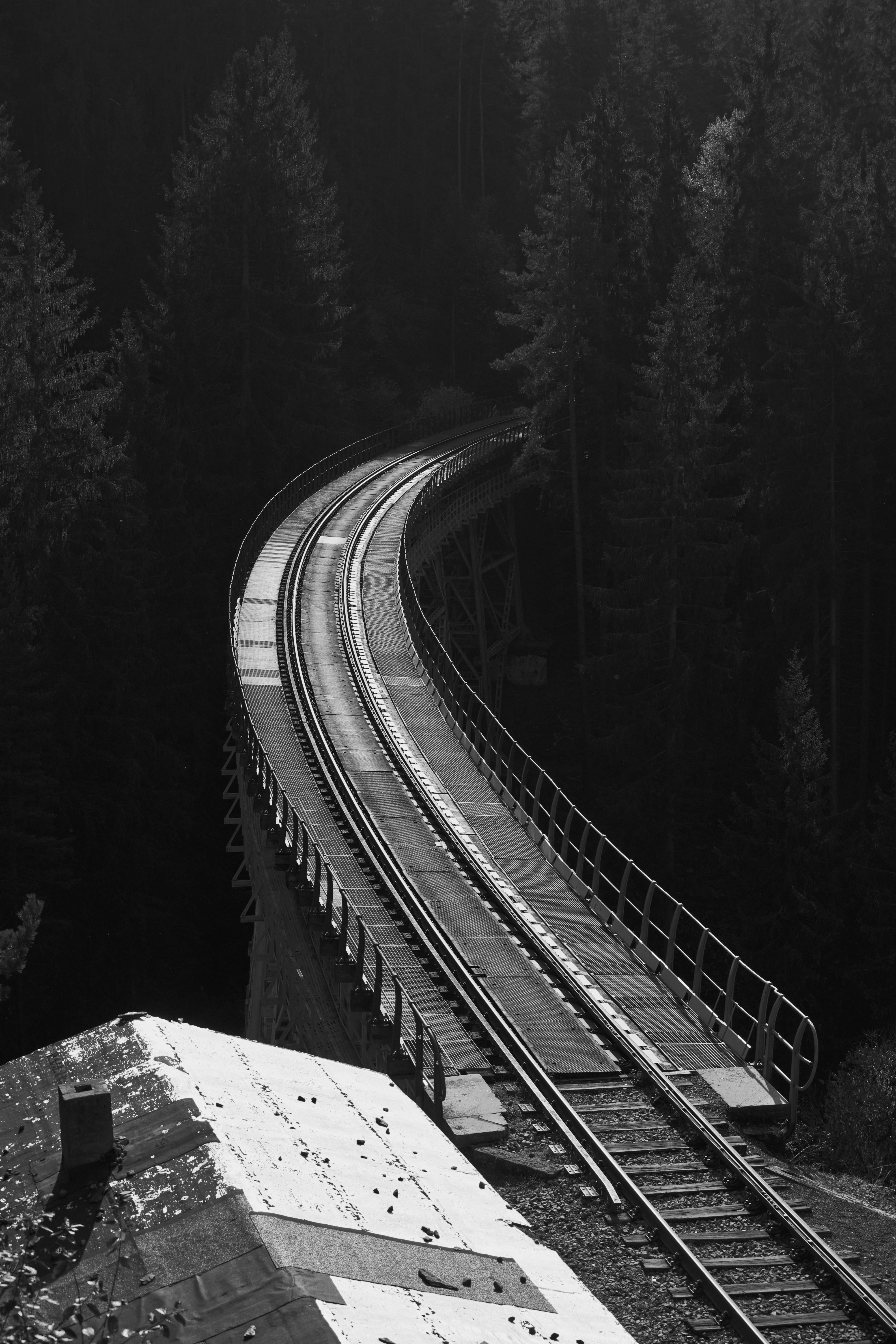 grayscale photo of train rail